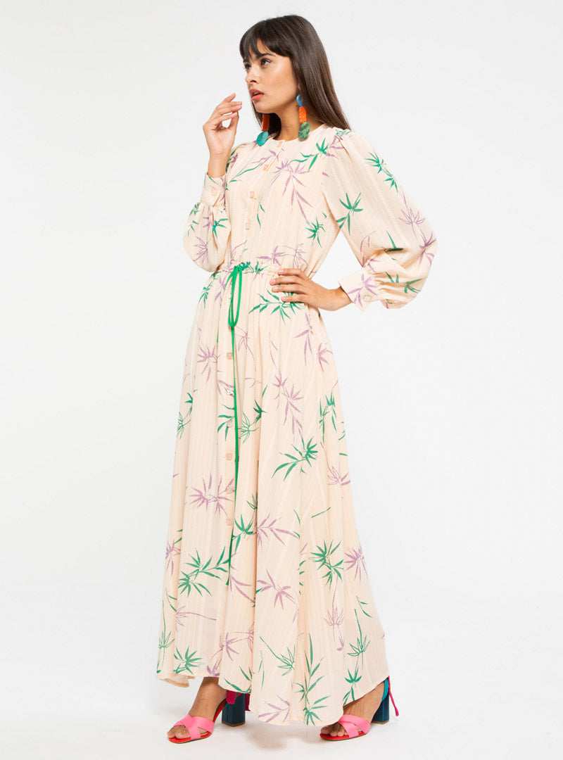 STORE WF Leaf Print Dress with Belt Modest Loose Fitted Long Maxi Floral Dress with Sleeves and Tie Front