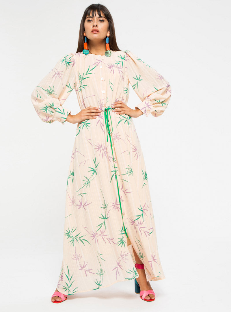 STORE WF Leaf Print Dress with Belt Modest Loose Fitted Long Maxi Floral Dress with Sleeves and Tie Front