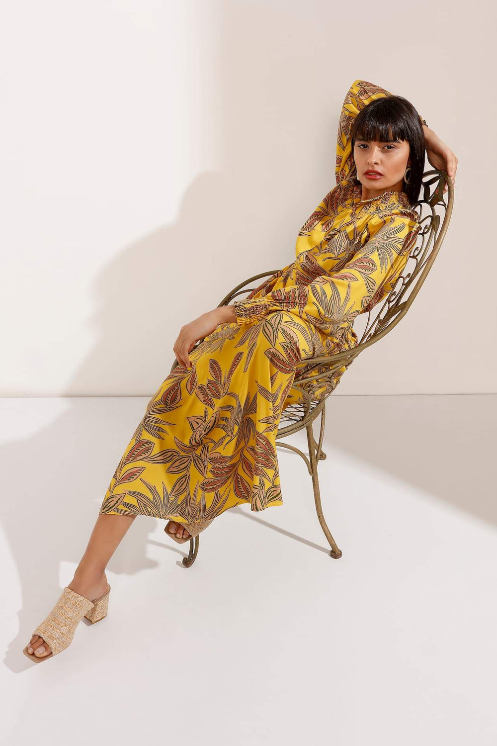 Leafy Print Maxi Dress with Elasticated Fitted Waist