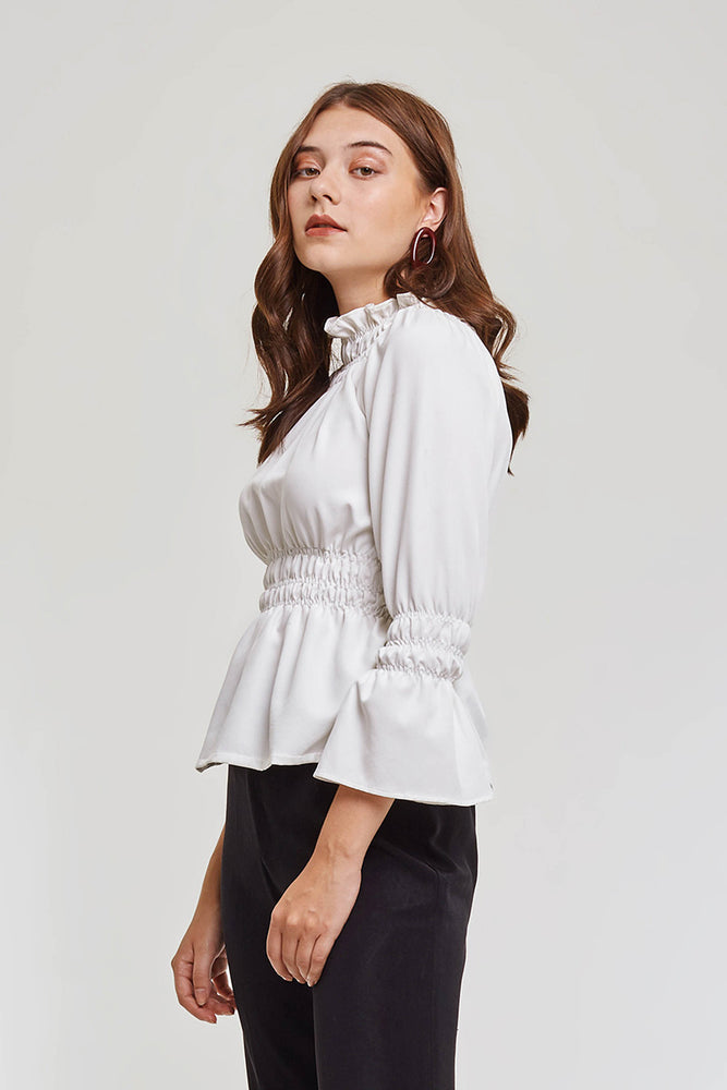 Domani Modest Long Sleeve White Top with Elastic and Frills on Waist and Cuffs in 100% Polyester