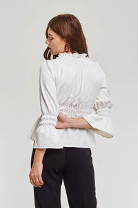 Domani Modest Long Sleeve White Top with Elastic and Frills on Waist and Cuffs in 100% Polyester