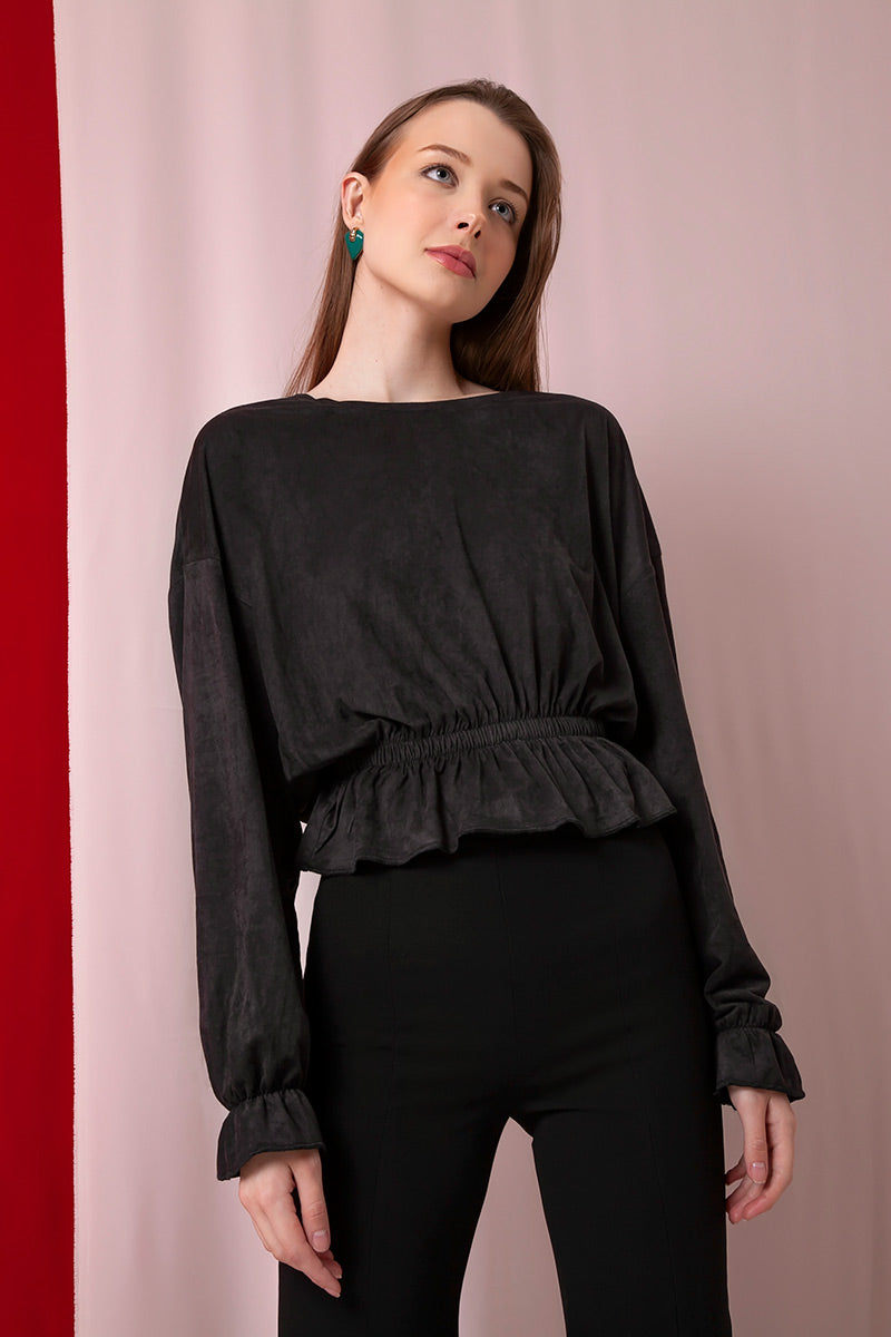 Domani Modest Long Sleeve Loose Fitting Top in Black with Elastic Waist and Sleeves in Suede