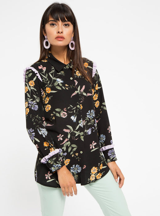 STORE WF Lilac Frill Detail Floral Shirt Modest Loose Fitted Long Black Top with Sleeves and Floral Prints 