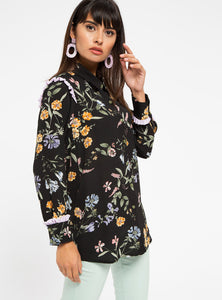 STORE WF Lilac Frill Detail Floral Shirt Modest Loose Fitted Long Black Top with with Sleeves and Floral Prints 