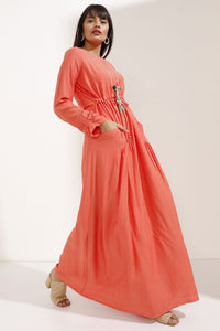 Store WF Long Orange Shirred Dress with Necklace Modest Maxi Dress with Long Sleeves, Gathered Waist and Front Pockets in 100% Cotton