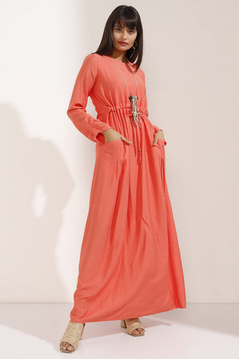 Store WF Long Orange Shirred Dress with Necklace Modest Maxi Dress with Long Sleeves, Gathered Waist and Front Pockets in 100% Cotton