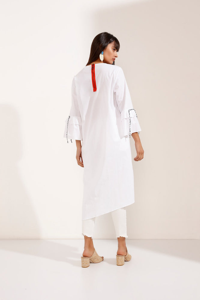 Store WF Long Sleeve White Dress with Parrot Design Modest Midi Dress in 100% Cotton 