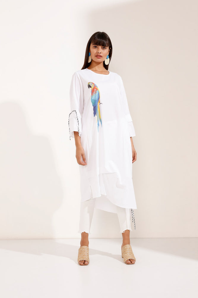 Store WF Long Sleeve White Dress with Parrot Design Modest Midi Dress in 100% Cotton 