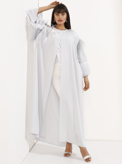 STORE WF Loose Cut Feathered Silver Kaftan Abaya Modest Open Abaya With Long Sleeves and Floral Embroidery in Silver