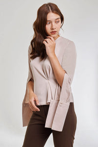 Domani Modest Long Sleeve Blouse with Button Cuffs and Long Sleeves in Nude in 100% Polyester