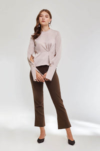 Domani Modest Long Sleeve Blouse with Button Cuffs and Long Sleeves in Nude in 100% Polyester