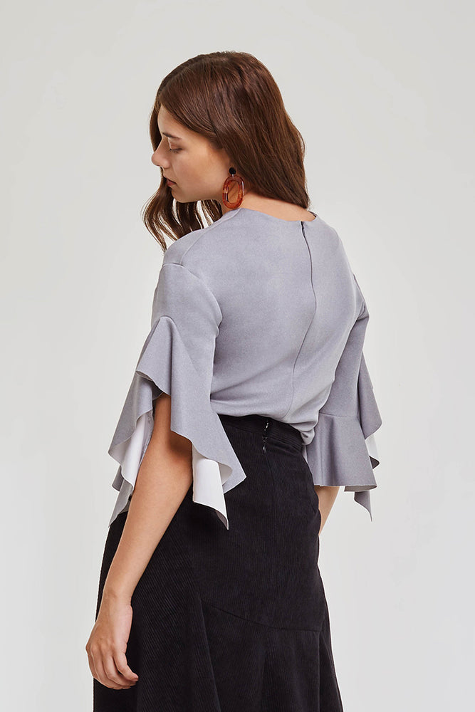 Domani Modest Long Sleeves Grey Top with Frills on Sleeves in 100% Polyester