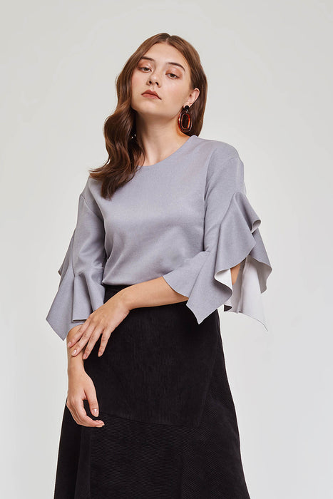 Domani Modest Long Sleeves Grey Top with Frills on Sleeves in 100% Polyester