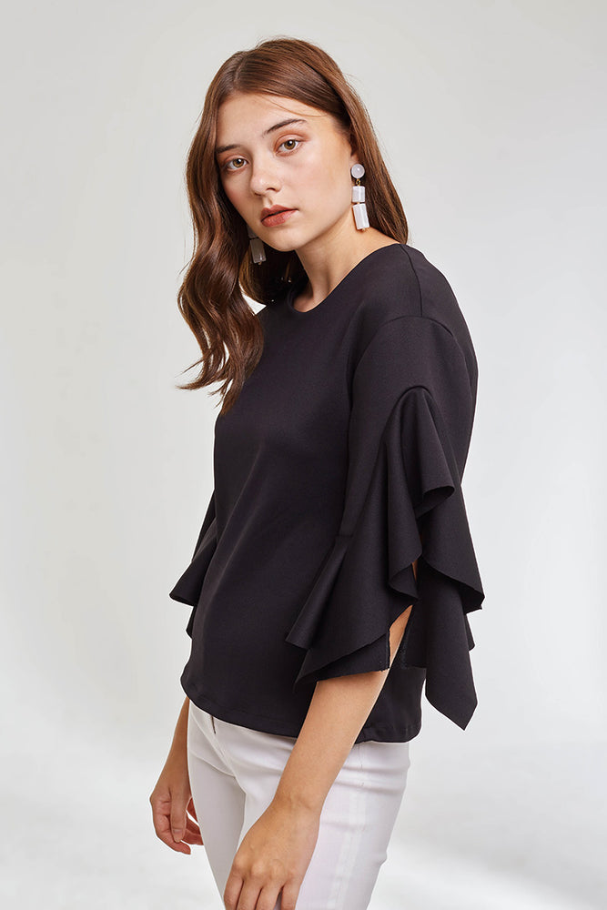Domani Modest Long Sleeves Black Top with Frills on Sleeves in 100% Polyester