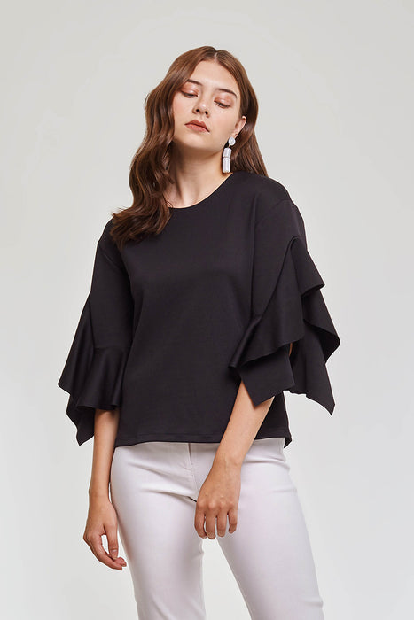 Domani Modest Long Sleeves Black Top with Frills on Sleeves in 100% Polyester
