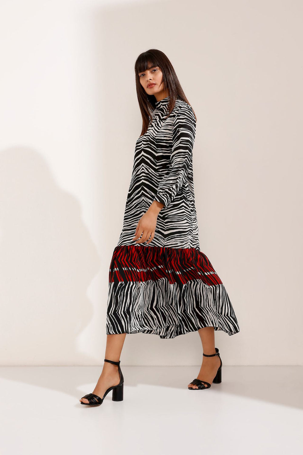 Store WF Multi Coloured Zebra Long Dress Modest Midi Zebra Print Dress with Long Sleeves in 100% Polyester  