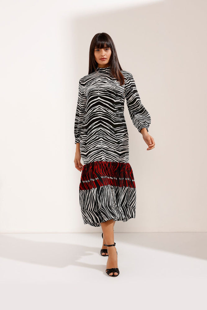 Store WF Multi Coloured Zebra Long Dress Modest Midi Zebra Print Dress with Long Sleeves in 100% Polyester  