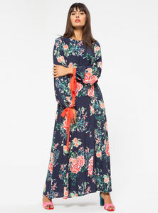 STORE WF Orange Contrast Floral Dress Modest Loose Fitted Maxi Floral Dress with Sleeves in Navy Viscose 