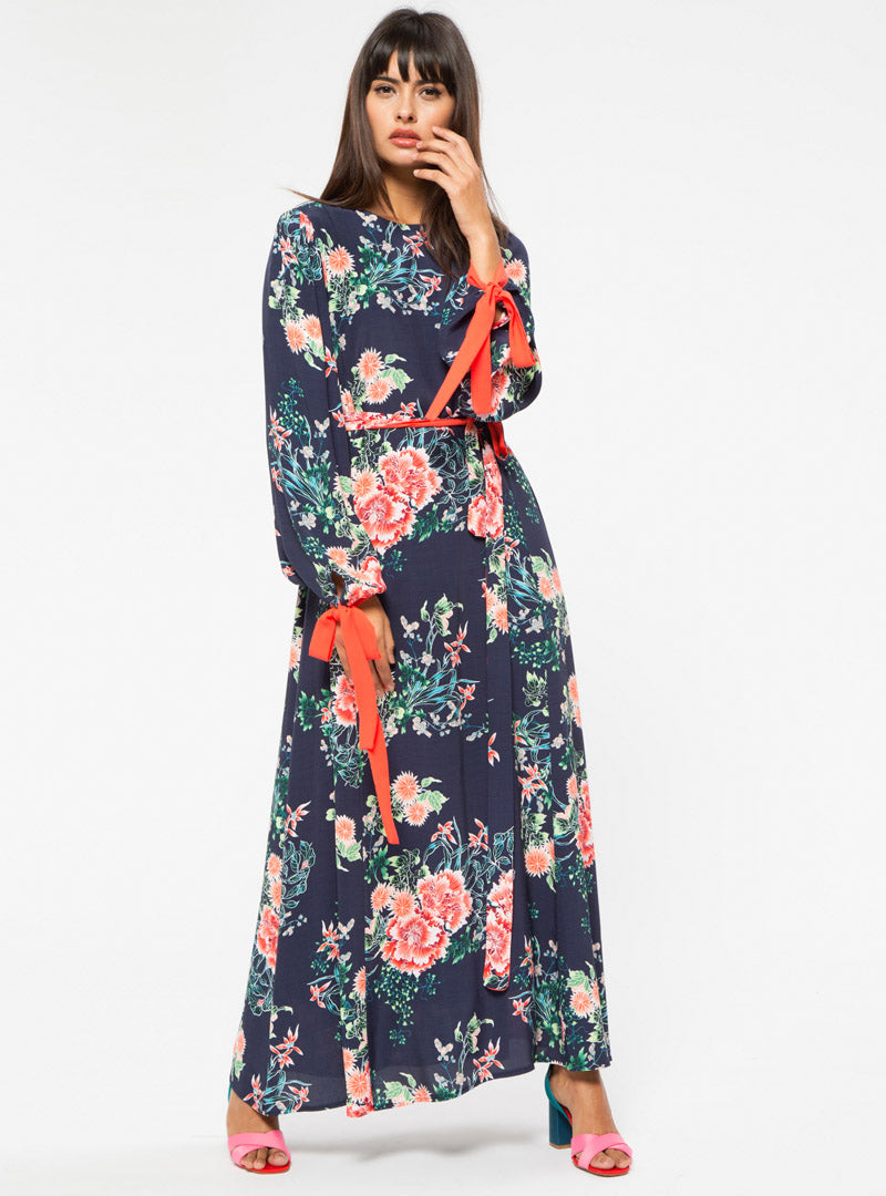 STORE WF Orange Contrast Floral Dress Modest Loose Fitted Maxi Floral Dress with Sleeves in Navy Viscose 
