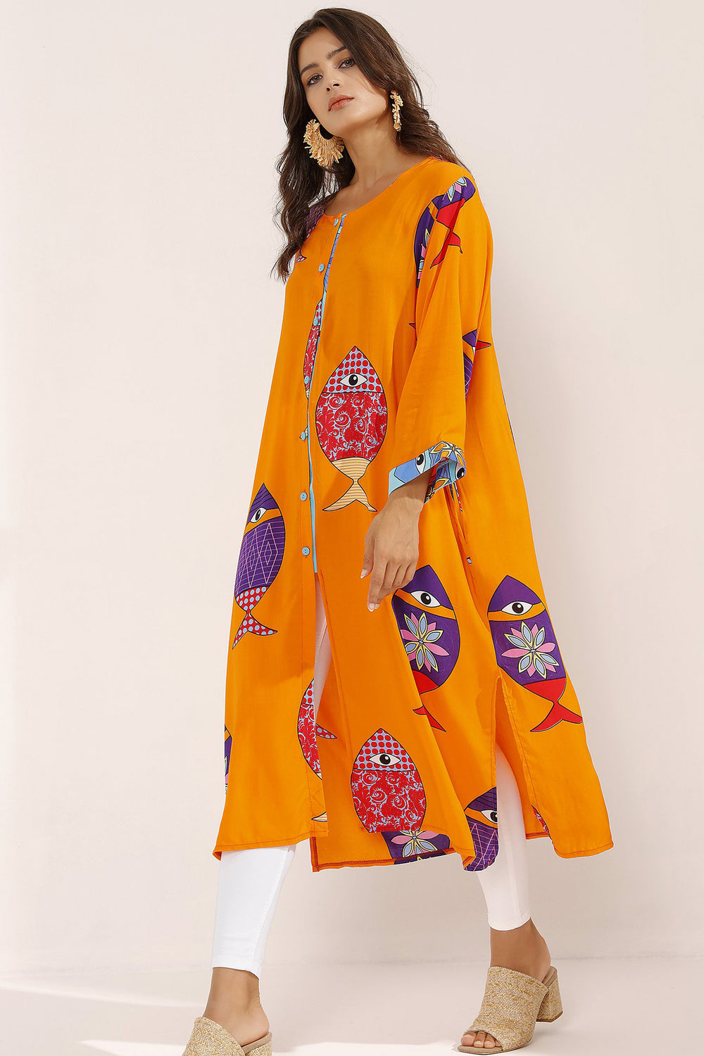 Store WF Orange Fish Print Viscose Tunic Modest Orange Long Top with Fish Prints, Long Sleeves and Front Buttons