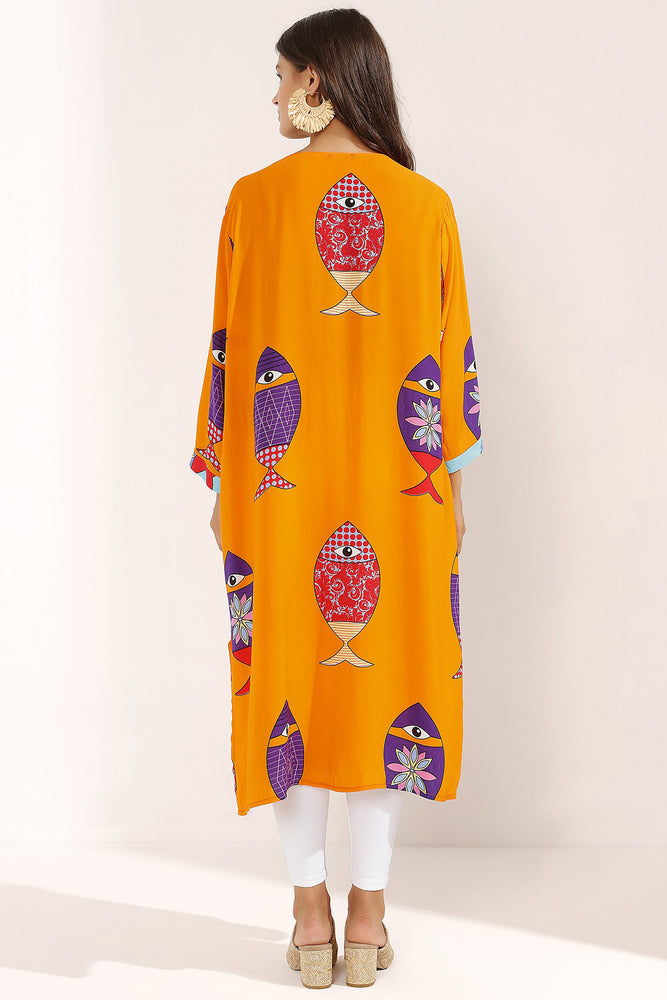 Store WF Orange Fish Print Viscose Tunic Modest Orange Long Top with Fish Prints, Long Sleeves and Front Buttons