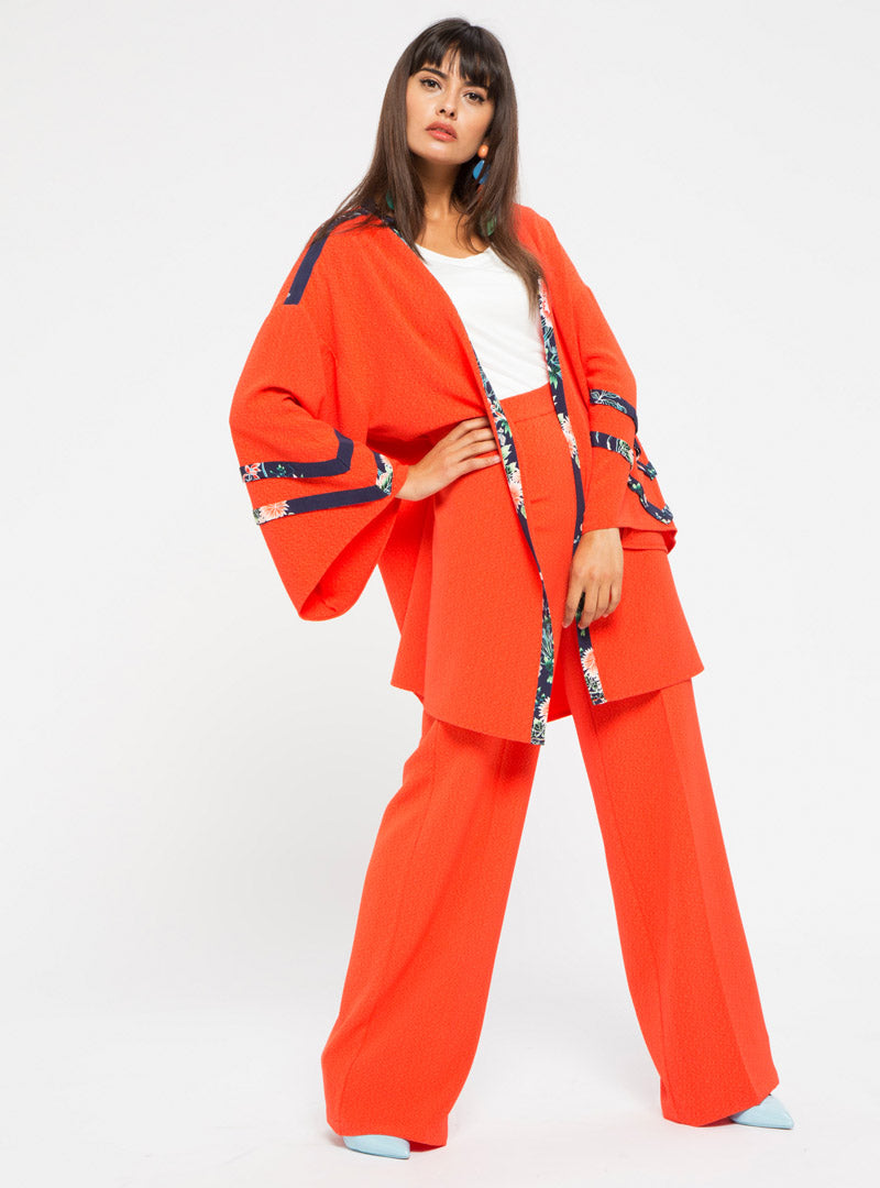 STORE WF Orange Kimono with Floral Contrast Modest Open Front Kimono with Long Sleeves in Orange