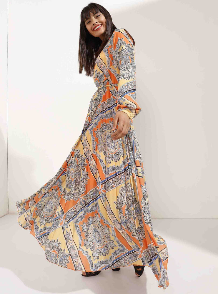 Store WF Orange and Yellow Pleated Elegant Patterned Maxi Dress Modest Loose Fitting Long Sleeves Maxi Print Dress with High Neck in 100% polyester