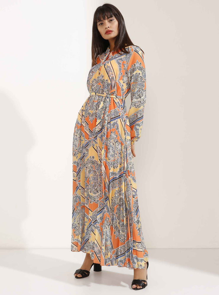 Store WF Orange and Yellow Pleated Elegant Patterned Maxi Dress Modest Loose Fitting Long Sleeves Maxi Print Dress with High Neck in 100% polyester