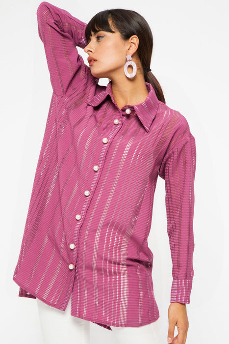 STORE WF Pearl Button Burgundy Tunic Shirt Modest Loose Fitted Long Top with Sleeves in Pink