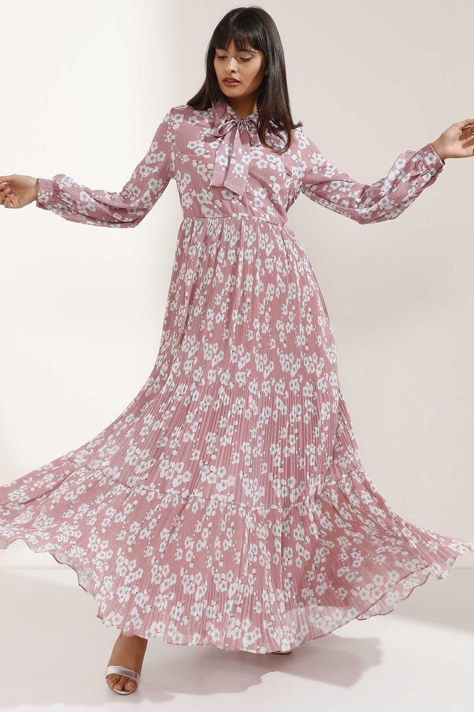 Store WF Pale Pink and White Flower Patterned Long Dress Modest Maxi Loose Fitting Dress with Bow and Sleeves in 100% Polyester