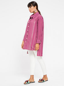 STORE WF Pearl Button Burgundy Tunic Shirt Modest Loose Fitted Long Top with Sleeves in Pink