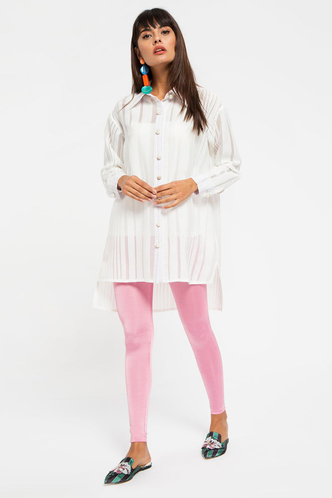 STORE WF Pearl Button White Tunic Shirt Modest Loose Fitted Long Top with Sleeves and Front Buttons