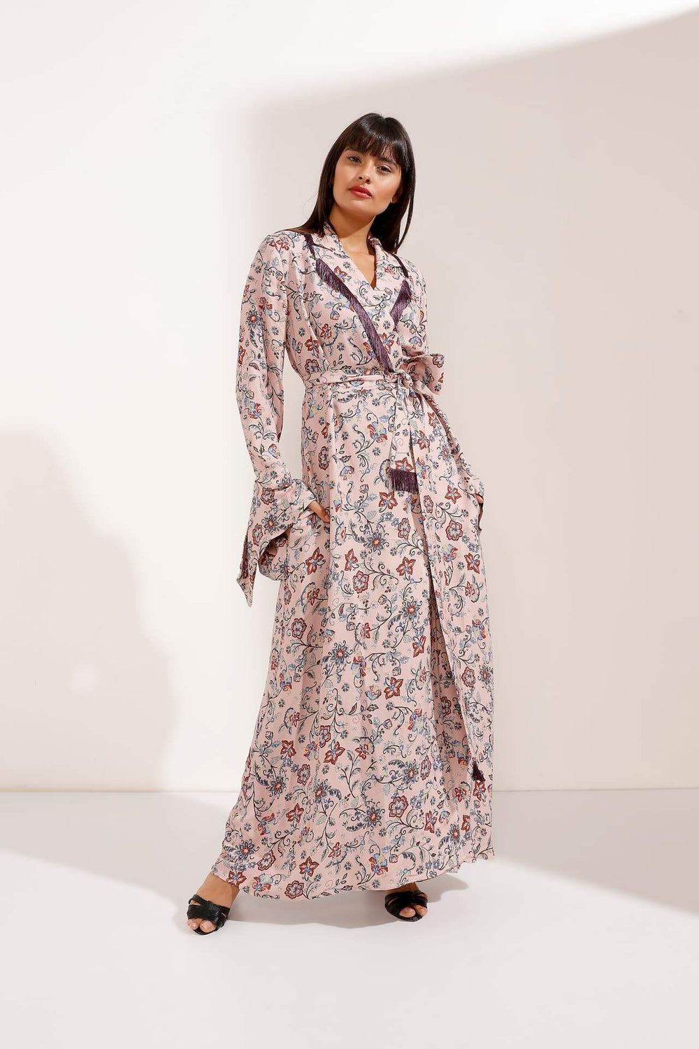 Store WF Pink Floral Maxi Dress with Tassel Collar and Belt Modest Wrap Front Loose Fitting Dress with Long Sleeves in 100% Viscose