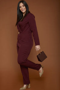 UNIQUE21 Plus Size Burgundy Tailored Jumpsuit With Gold Buckle | Modest Long Sleeve Jumpsuit With Belt, Lapel Collar, Wrapover Front