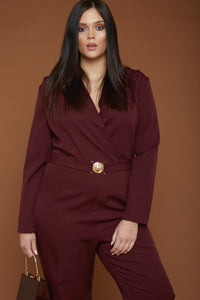 UNIQUE21 Plus Size Burgundy Tailored Jumpsuit With Gold Buckle Modest Long Sleeve Jumpsuit With Belt, Lapel Collar, Wrapover Front