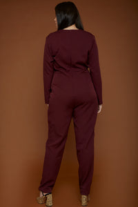 UNIQUE21 Plus Size Burgundy Tailored Jumpsuit With Gold Buckle Modest Long Sleeve Jumpsuit With Belt, Lapel Collar, Wrapover Front