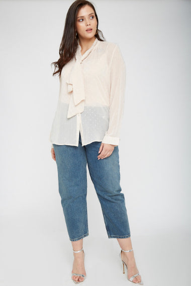 UNIQUE21 Plus Size Nude Pussybow Blouse With Polka Dots Modest Sheer Loose-Fitting Top for Women With Ribboned Collar, Long Sleeves, Buttoned Cuffs