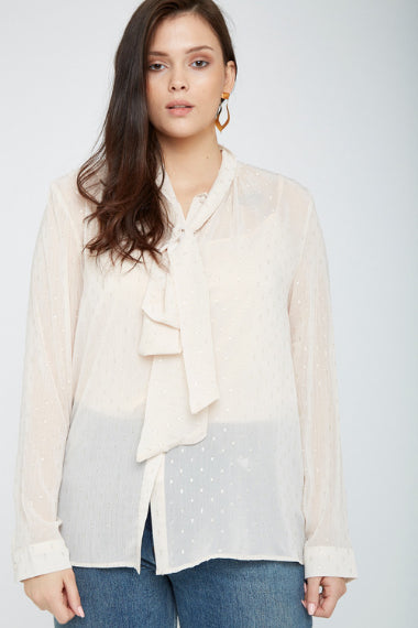UNIQUE21 Plus Size Nude Pussybow Blouse With Polka Dots Modest Sheer Loose-Fitting Top for Women With Ribboned Collar, Long Sleeves, Buttoned Cuffs