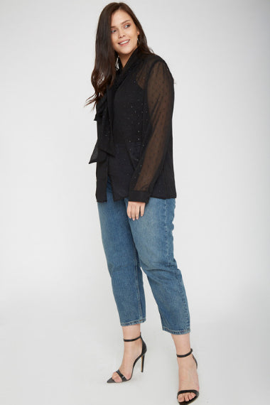 UNIQUE21 Plus Size Black Pussybow Blouse With Polka Dots Modest Loose-Fitted Long-Sleeved Sheer Ladies Top With Sash Collar in Polyester