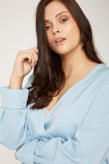 UNIQUE21 Plus Size Sky Blue Pinstripe Wrap Top Modest Loose Long-Sleeved Ladies' Blouse With Single Button