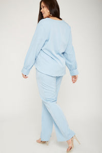 UNIQUE21 Plus Size Sky Blue Pinstripe Wrap Top Modest Loose Long-Sleeved Ladies' Blouse With Single Button