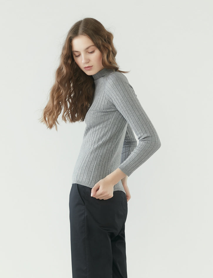 r y e  Modest Women Ribbed Knit Long Sleeve Top in Heather Grey made from 95% Viscose and 5% Spandex side view