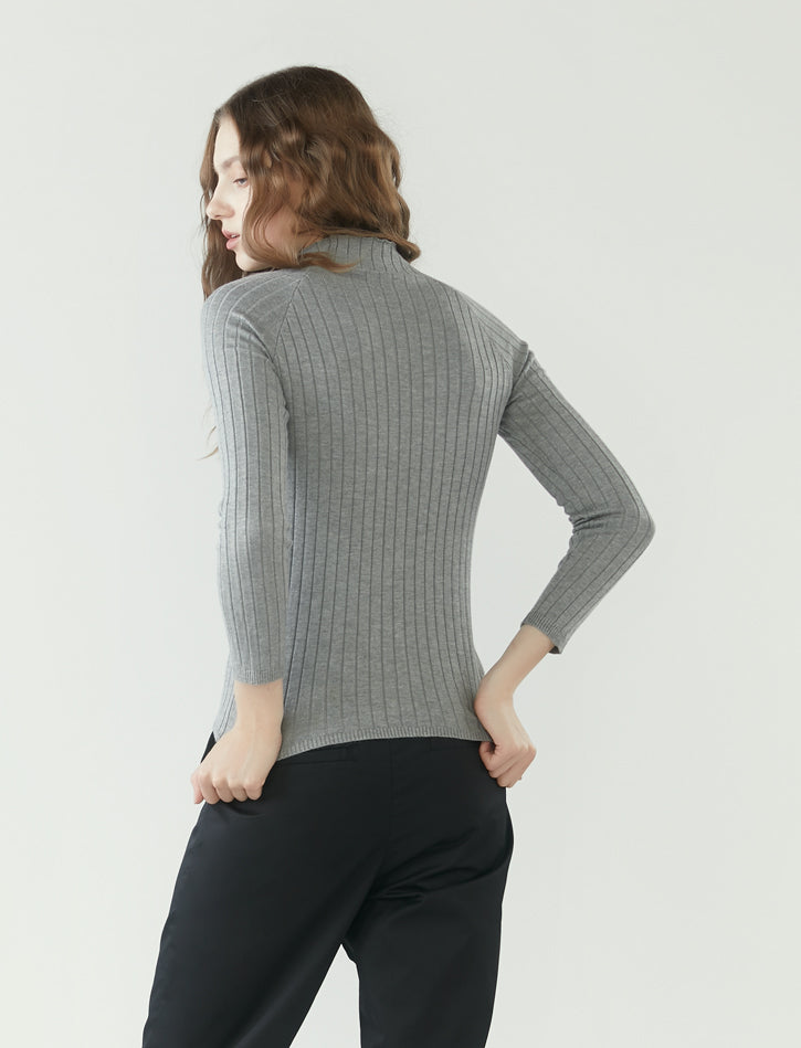 r y e  Modest Women Ribbed Knit Long Sleeve Top in Heather Grey made from 95% Viscose and 5% Spandex back view