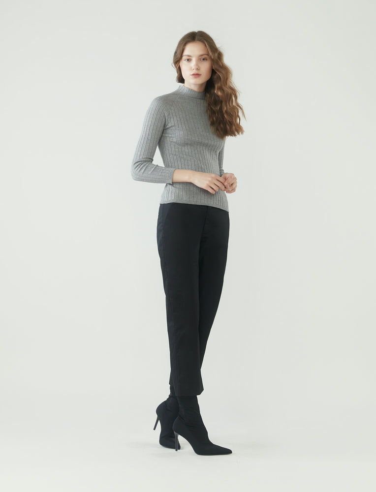 r y e  Modest Women Ribbed Knit Long Sleeve Top in Heather Grey made from 95% Viscose and 5% Spandex full length view