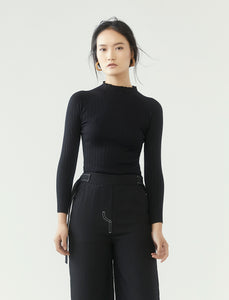r y e  Modest Women Ribbed Knit Long Sleeve Top in Black with ribbed details and high neck collar made from 95% Viscose and 5% Spandex close up view