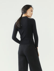 r y e  Modest Women Ribbed Knit Long Sleeve Top in Black with ribbed details and high neck collar made from 95% Viscose and 5% Spandex back view