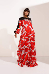 Red Base Floral Maxi Dress with Black Lace
