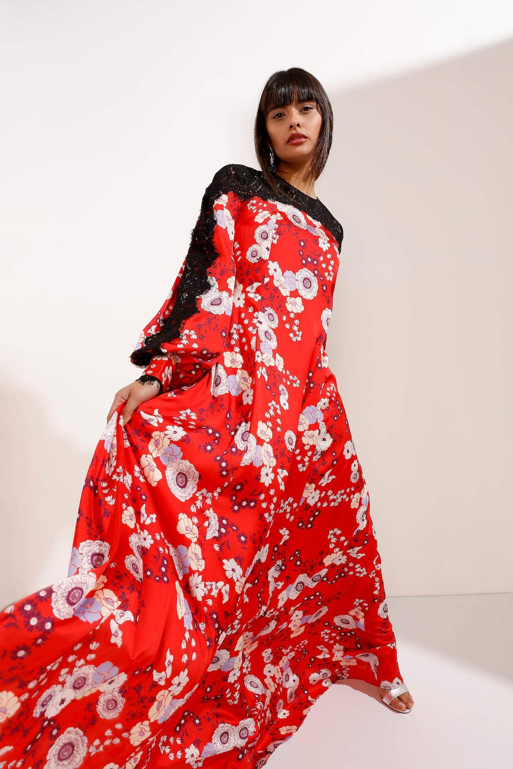 Red Base Floral Maxi Dress with Black Lace