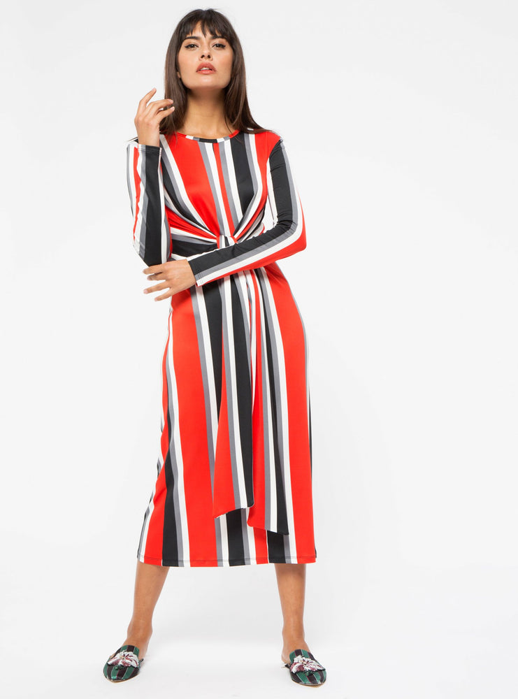 STORE WF Red Tie Front Stripe Midi Dress Modest Stripe Midi Dress with Long Sleeves and Tie Front 