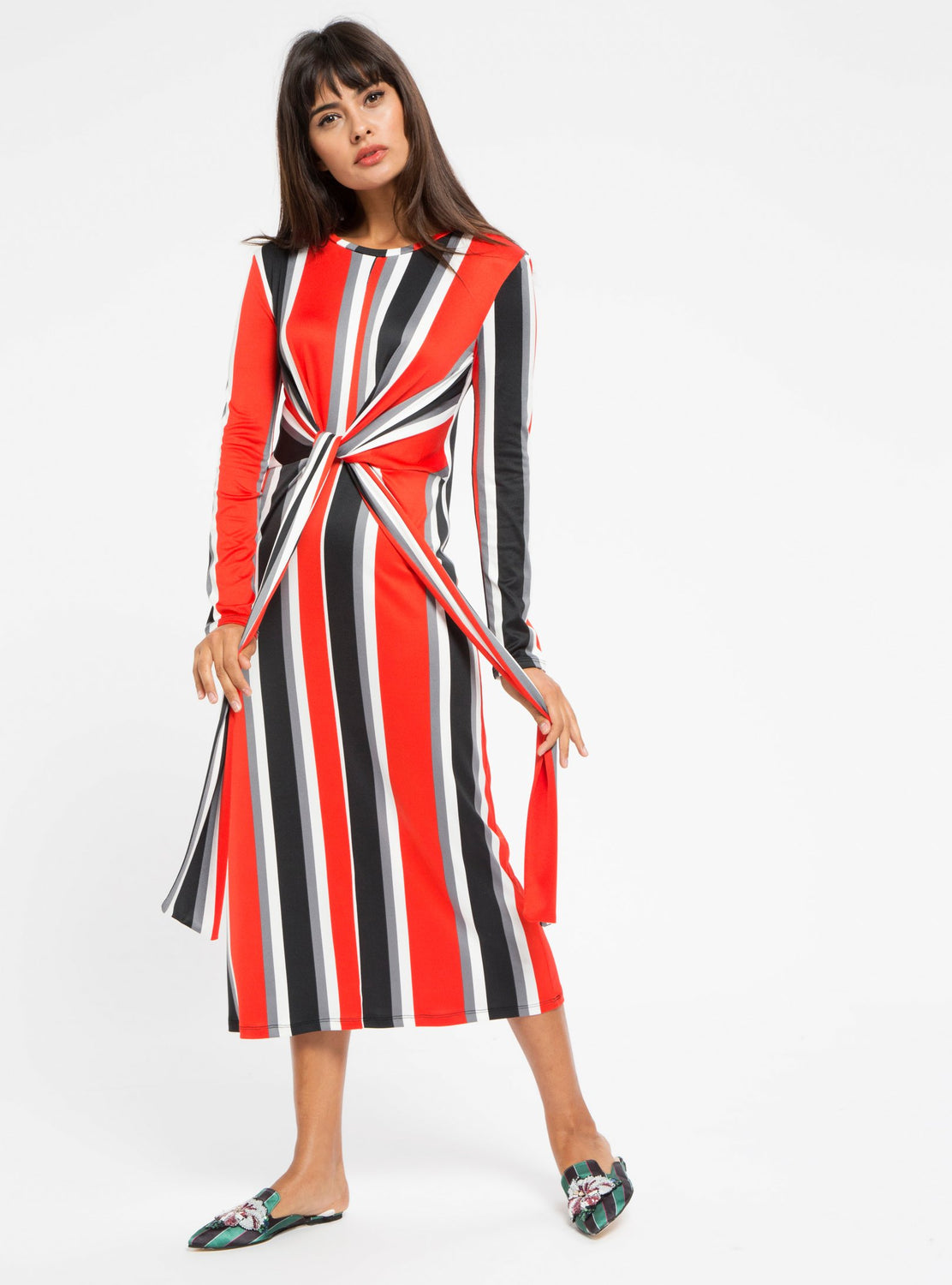 STORE WF Red Tie Front Stripe Midi Dress Modest Stripe Midi Dress with Long Sleeves and Tie Front in Red